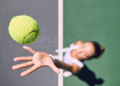 Buy stock photo Tennis ball, sports and female player throwing and serving  on a court outside from above. Athletic woman playing game for competitive fun with copy space. Sporty woman preparing for a game