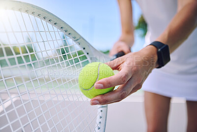 Buy stock photo Closeup tennis ball, racket and sport for fit, active and healthy player training and exercising for practice. Professional player getting ready to serve for routine court workout and exercise match