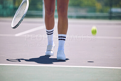 Buy stock photo Fitness, tennis and sports legs of woman with racket and ball walking on court after serving in training, workout or exercise. Sporty shoes, active or healthy player losing match, game or competition