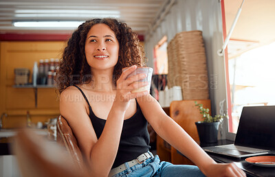 Buy stock photo Morning, coffee and relaxed woman in a small business enjoying a warm beverage at work. Attractive young casual remote worker or freelancer thinking with ambition for success and growth in startup.