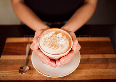 Buy stock photo Coffee, tea and cappuccino drink in hands of a waiter working in coffee shop, cafe and restaurant. Closeup of server, employee and woman with warm or hot beverage in barista industry and hospitality