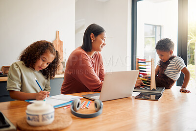 Buy stock photo Homeschool, child development and quality education for young little children learning with their mother. Parent helping and teaching her kids with basic schoolwork or maths in the house 