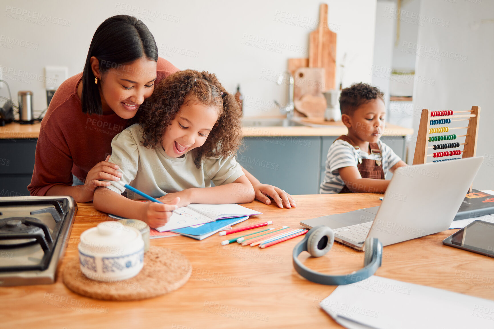 Buy stock photo Mother and children doing homework at kitchen table, bonding and enjoying family time at home. Affectionate parent helping daughter draw or sketch after online education program for distance learning
