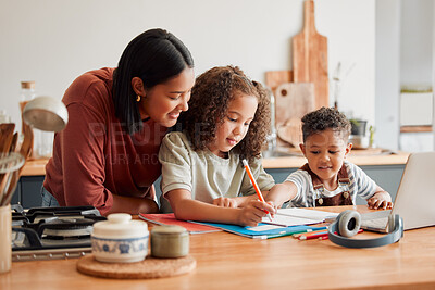 Buy stock photo Homeschool, education and distance learning for children while mother, parent and woman helps son and daughter. Teaching, talking and bonding with kids doing home school, homework and learning test