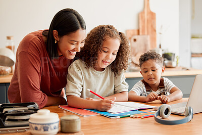 Buy stock photo Mother teaching, learning and education with child studying, doing homework or writing in book during an at home lesson or homeschooling. Daughter in early childhood development enjoying fun activity