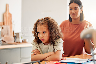 Buy stock photo Unhappy, moody and angry little girl standing with arms crossed and looking upset while ignoring her mom. Upset, naughty and problem daughter or child and her angry or disappointed mother at home