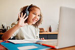 Online, distance learning child on laptop webcam or video call joining lesson with headphones and hello greeting or goodbye gesture. Little happy student in remote classroom with a teaching notebook