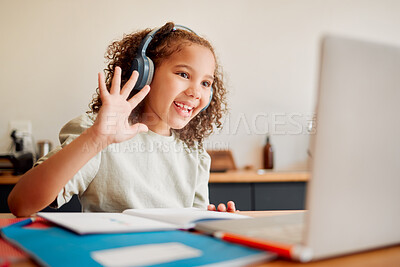 Buy stock photo Online, distance learning child on laptop webcam or video call joining lesson with headphones and hello greeting or goodbye gesture. Little happy student in remote classroom with a teaching notebook