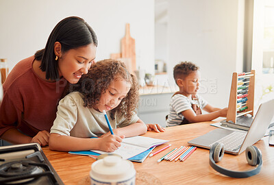 Buy stock photo Education, learning and homework with a mother teaching and helping her daughter with writing, drawing and studying. Single parent and child bonding together as a family over school work at home