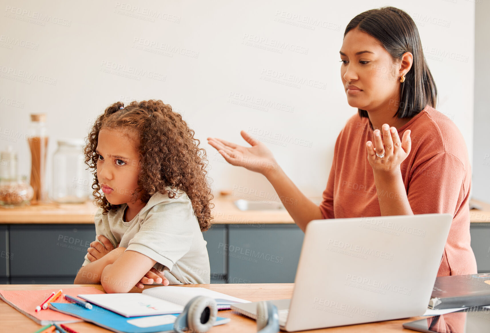 Buy stock photo Confused parent teaching upset daughter, home school angry or sad child online class work. Mother doesn't understand rude little girl with depression, anxiety or education learning disability.