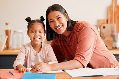 Buy stock photo Mother helping, teaching and educating daughter with homework at home. Portrait of happy, loving and smiling mom and little girl busy with educational lesson, tutoring or assistance at home together