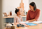 Home school, laughing, child and mother bonding after homeschool homework, school work and education test. Adorable, cute and small daughter sitting with a smiling parent and woman in a living room