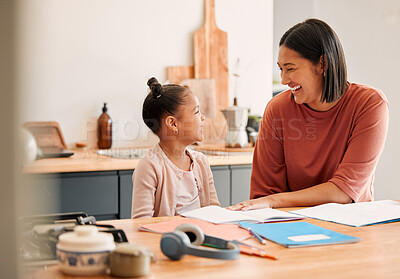 Buy stock photo Home school, laughing, child and mother bonding after homeschool homework, school work and education test. Adorable, cute and small daughter learning and drawing with a parent or woman