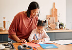 Mother and daughter doing homework at a kitchen table at home, bonding while learning together. Loving parent helping her child with a school project or task. Autistic child enjoying homeschool 