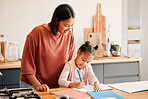 Home school, education and learning child while teaching mother watches daughter draw or colour. Female parent bonding with adorable, cute or little girl while she does homework, art activity or test