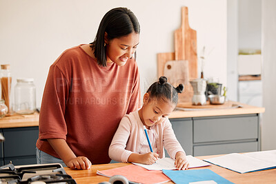 Buy stock photo Home school, education and learning child while teaching mother watches daughter draw or colour. Female parent bonding with adorable, cute or little girl while she does homework, art activity or test