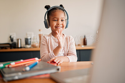 Buy stock photo Distance learning, education and virtual student child on a video call lesson with a headset and laptop doing hello or bye greeting gesture. Little girl in an online classroom, homeschooling at home