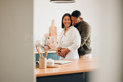 Buy stock photo Hugging, happy and excited couple spending quality time together and relaxing at home. Loving, relaxed and affectionate African lovers embracing, cuddling and having fun in the house