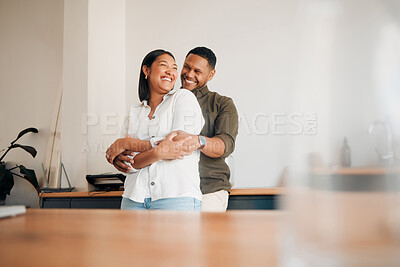 Buy stock photo Hugging, romance and playful couple enjoying cuddle, love and bonding while laughing together at home. Loving husband giving affection, care and embrace to his happy, relaxing and funny wife