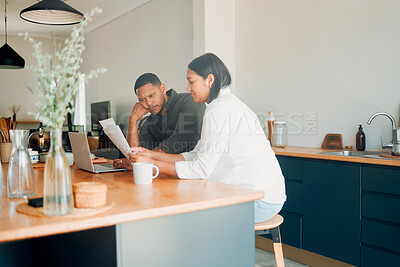 Buy stock photo Couple looking at documents, finances and paperwork with confused expression for their overdue budget, credit or house expenses. Managing household spending, saving and account to pay money.