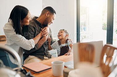 Buy stock photo Family, bonding and playing with their happy little boy while laughing, teasing and talking at home with flair. Loving wife and son hugging dad while showing him love and affection on fathers day