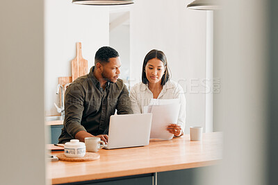 Buy stock photo Planning home loan couple with laptop looking at budget, bills or finance paper work confused by the expenses, budget or mortgage. Married man and woman managing utility document or debt online