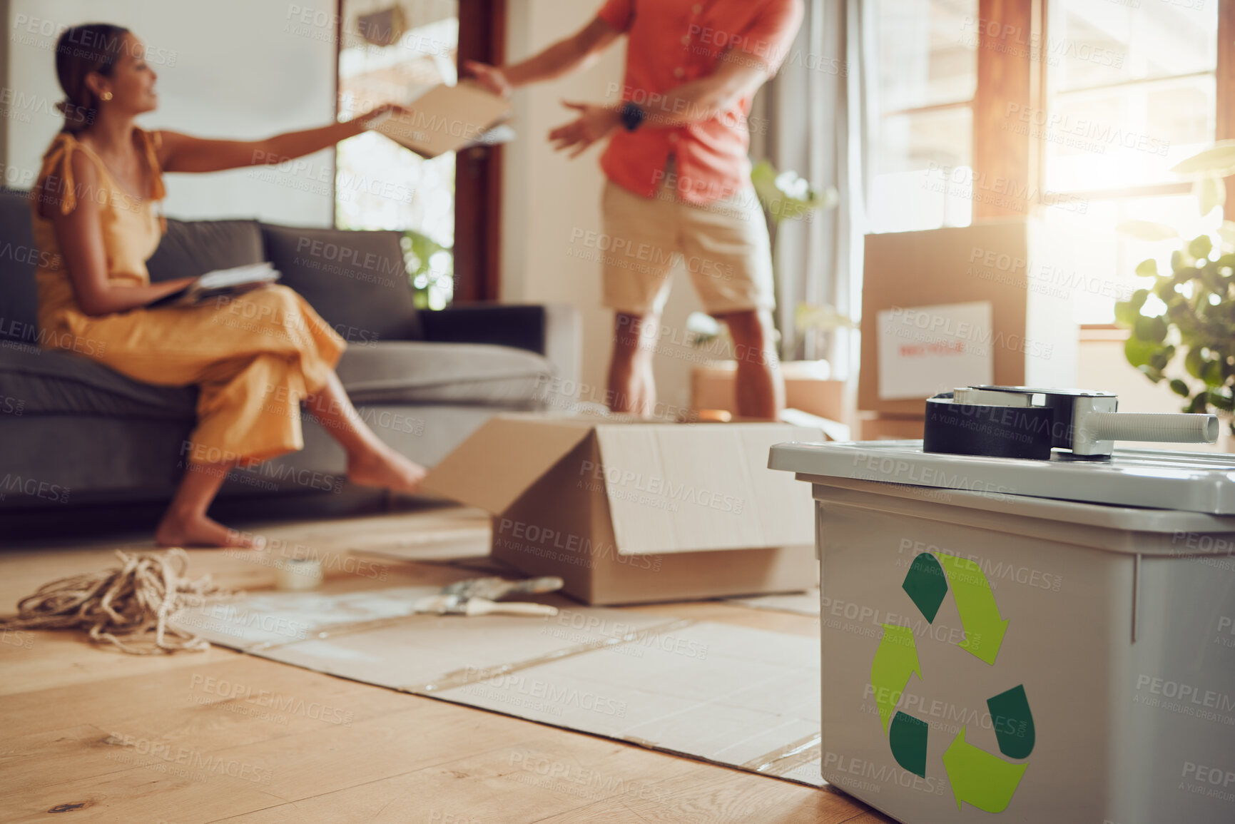 Buy stock photo Earth, sustainability and recycling, eco friendly couple in home waste management. Man and woman sort paper and plastic to recycle. Conservation, nature, and environment, saving the planet for future