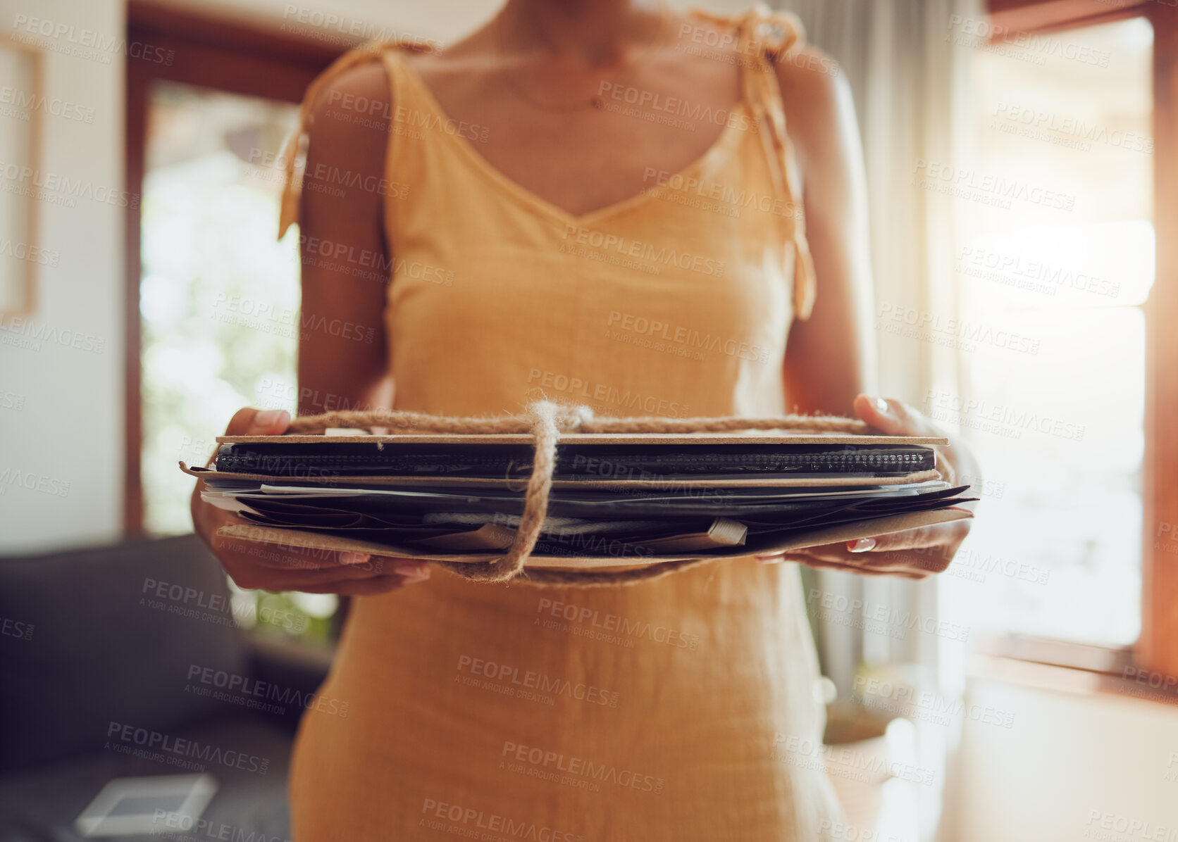 Buy stock photo Recycle, cardboard bags and closeup of hands holding reusable paper. Sustainable living and environmental care for a green future. Eco friendly, conserve and saving the planet with waste reduction.