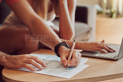 Buy stock photo Couple calculating budget, finance and tax while planning investment, loan and bills on writing paper and laptop at home. Managing household spending, savings and insurance report for online banking