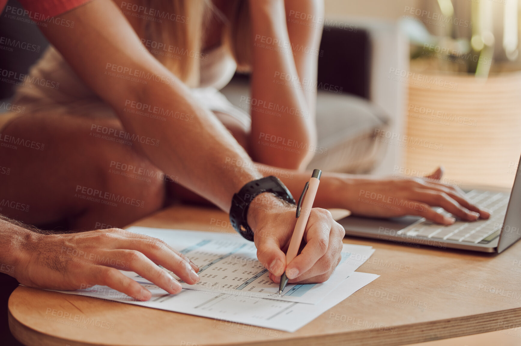 Buy stock photo Couple calculating budget, finance and tax while planning investment, loan and bills on writing paper and laptop at home. Managing household spending, savings and insurance report for online banking