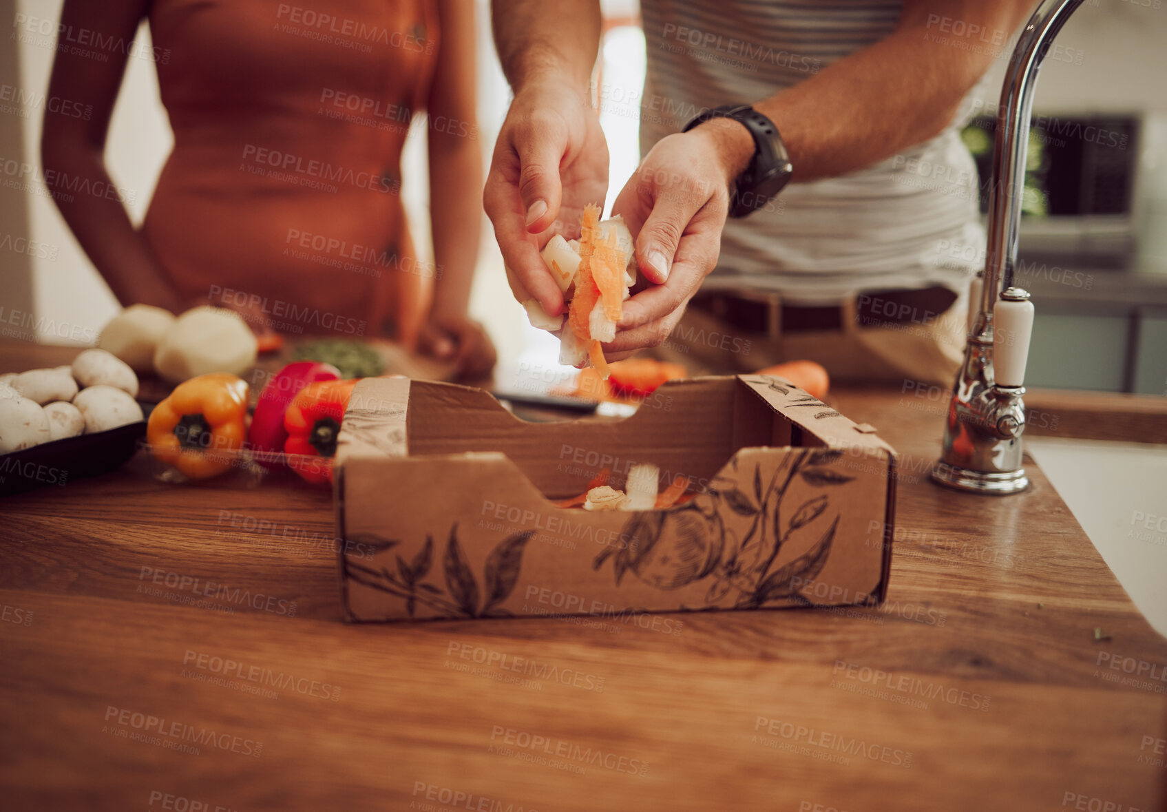 Buy stock photo Healthy, clean eating and vegan or vegetarian people preparing cooking ingredients, supplies or consumables. Couple watching their diet, body or weight while gathering vegetables to eat food or meal