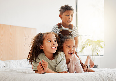 Buy stock photo  Happy children or siblings relaxing, playing and enjoying the house, growth and freedom. Kids, bedroom and facial expressions while watching entertainment shows on the bed together at home.