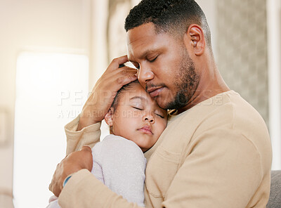 Buy stock photo Father hugging sleeping daughter, caring for sick child and family giving loving embrace at home. Girl child resting with parent, people napping together and recovering from sickness at house