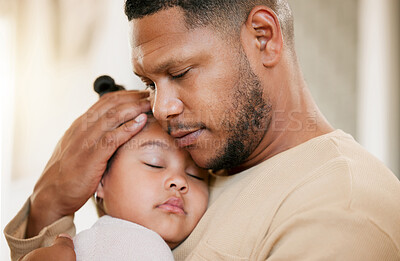 Buy stock photo Father carrying his sleeping daughter, hugging and bonding with affection at home. Caring parent enjoying fatherhood, holding his girl child, enjoying quiet moment of care, consoling and safety