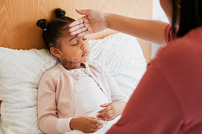 Buy stock photo Sick child with mother checking forehead temperature, feeling ill and unwell. Small girl with illness, fever or disease at home in bed resting, sleeping and recover from infection, flu or covid virus