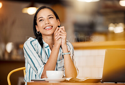 Buy stock photo Thinking, smiling and happy young woman remote online employee day dreaming in a coffee shop. Modern female startup entrepreneur with a satsifed smile working on a computer in a cafe taking a break