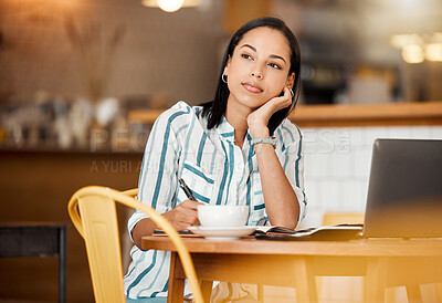 Buy stock photo Thinking, wondering and planning woman having a coffee while working remotely on laptop at cafe. Freelance female writer daydreaming, thinking about a career change during tea break at a coffee shop
