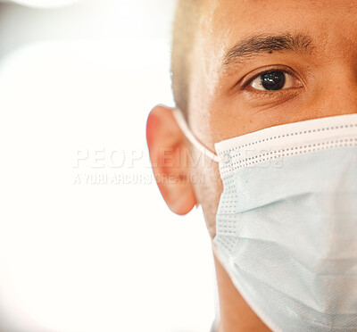 Buy stock photo Covid, mask and closeup portrait for healthcare copy space background. Doctor, nurse or person wearing face protection of their health. Hospital safety for people at risk of infection medical advert.