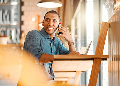 Buy stock photo Male entrepreneur working in a coffee shop, restaurant or cafe talking on a phone call. Happy and young freelance worker doing remote work planning on a mobile conversation