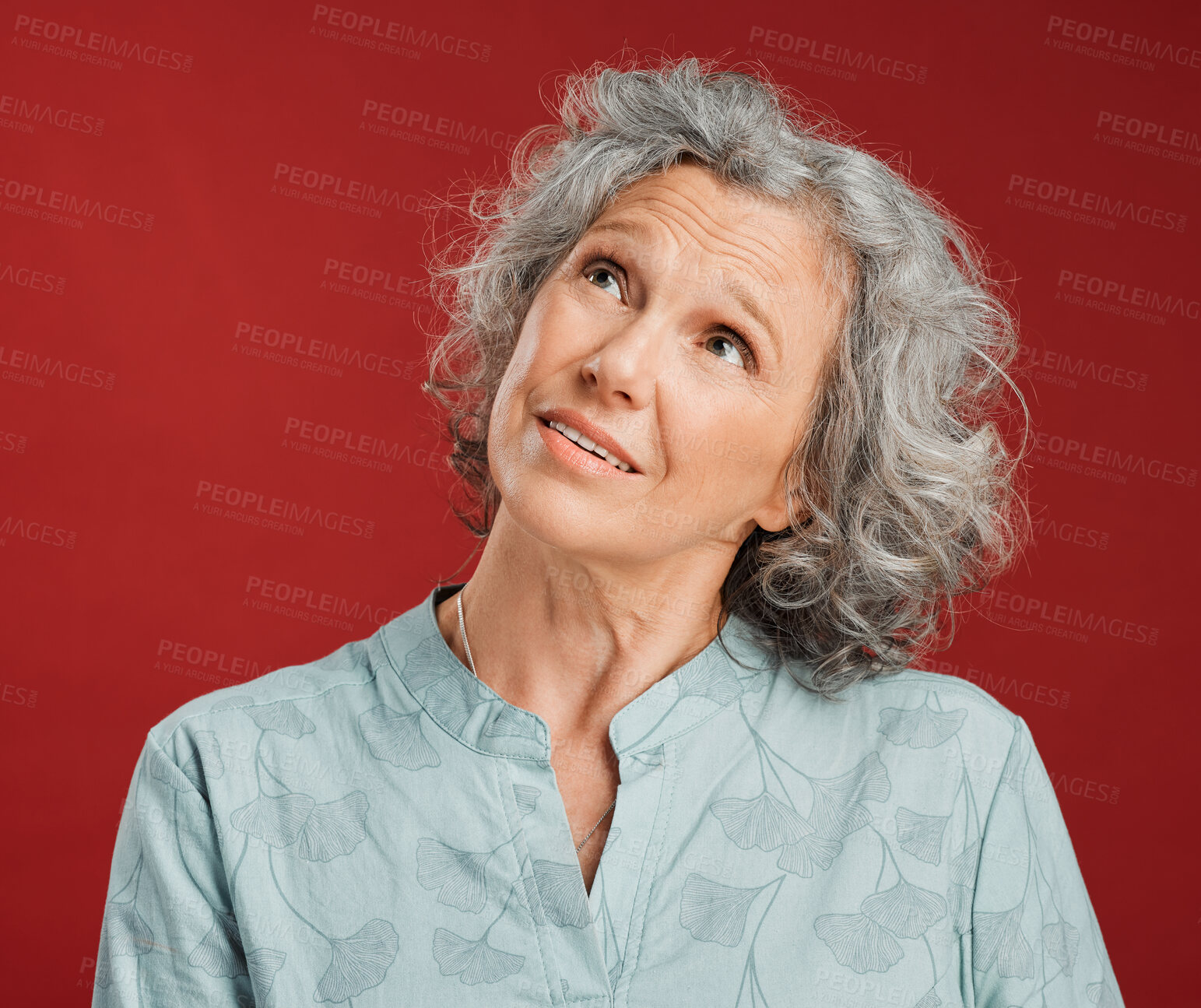 Buy stock photo Thinking and looking up older mature lady or grandmother deciding the best early retirement or old age home. Elderly grandparent or senior citizen woman having to think, recall and visualize an idea