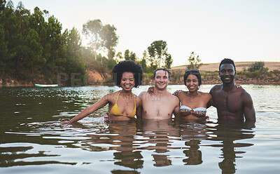 Buy stock photo Friends couples and lake swimming together in summer or spring in bikinis on a fun vacation. Happy, relaxed and diverse young people enjoy the freedom, river and dam outdoors on a nature vacation