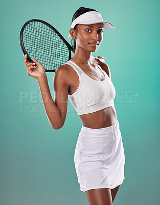 Buy stock photo Tennis player, sports uniform and racket in the hands of a beautiful woman looking happy and ready to play with a positive attitude. Confident, fit and athletic female against a studio background
