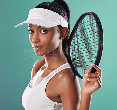 Buy stock photo Determined, motivated woman tennis player, athlete and sports person. Portrait of a competitive, healthy and serious girl with female empowerment and motivation ready for fitness training