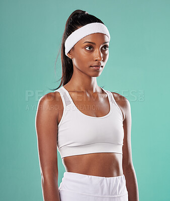 Buy stock photo Black female tennis, badminton or squash player standing, relax and cool before competition, tournament and game or match. Athletic and fit African American sports woman with professional sportswear