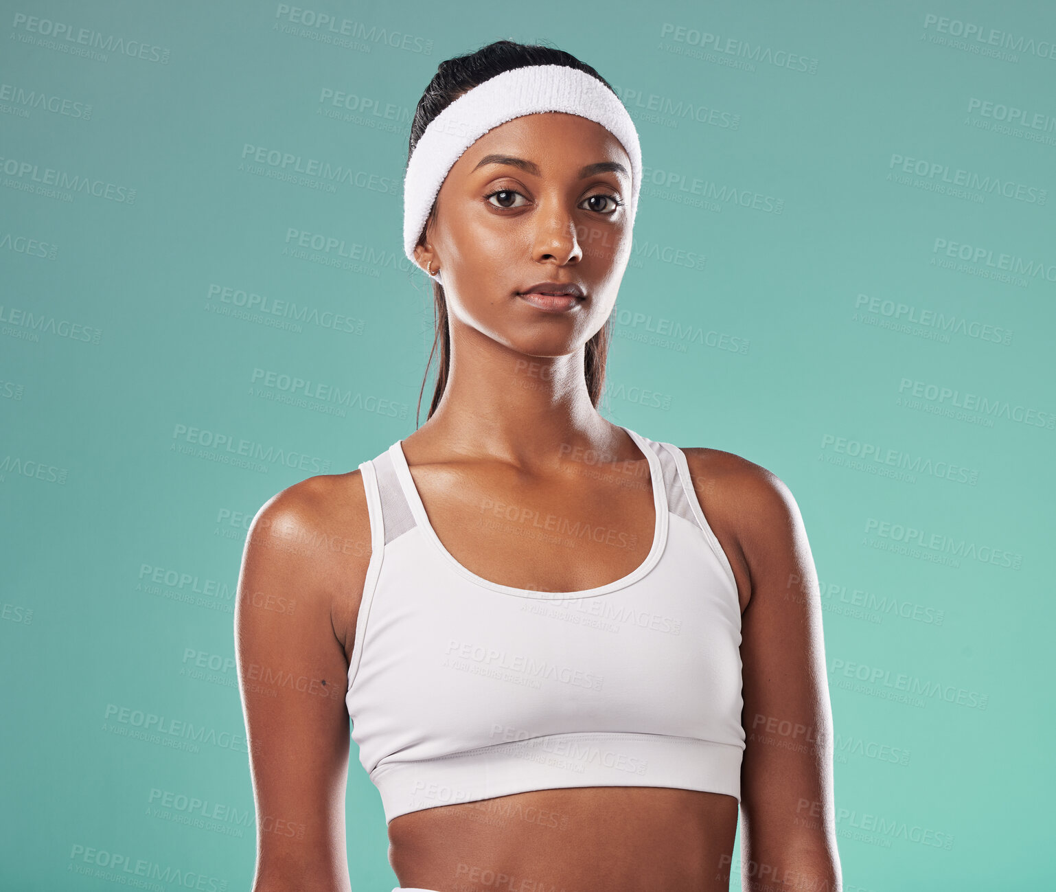 Buy stock photo Motivation, focus and success mindset of a woman tennis coach and athlete looking strong. Portrait of a young Indian female sports player ready to start thinking about fitness and exercise training