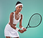 Sports woman, tennis and portrait of athlete playing a game in the court. Active, fit and motivated person wearing professional sportswear. Female tournament or championship for winning competitors. 
