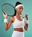 Athlete, motivation and female tennis player with a racket practicing to play a match at a stadium. Fit, active and professional woman in sport with a fitness and healthy lifestyle training.
