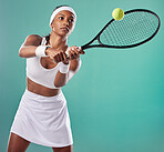 Tennis, sportswear and woman playing tournament with copy space background. Sporty, active and professional athlete playing a game. Competition and serious athletic person keeps focus in the court.