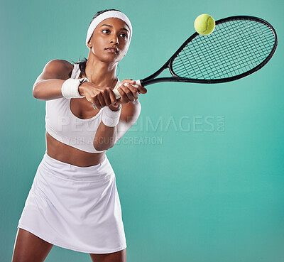 Buy stock photo Tennis, sportswear and woman playing tournament with copy space background. Sporty, active and professional athlete playing a game. Competition and serious tennis player keeps focus on the court.