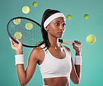 Fitness, healthy and active tennis player or female athlete focused and determined on training goals. Beautiful, young sports player in sportswear, looking to win next game, match or tournament  